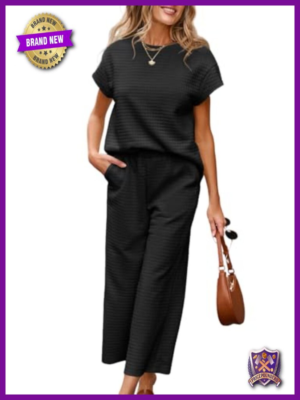 Women's Two Piece Sweatsuit Set Waffle Cap Sleeve Top Wide Leg Pants Lounge